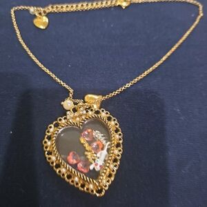Gold Heart Pendant Necklace with Pink Accents Beatsey Johnson